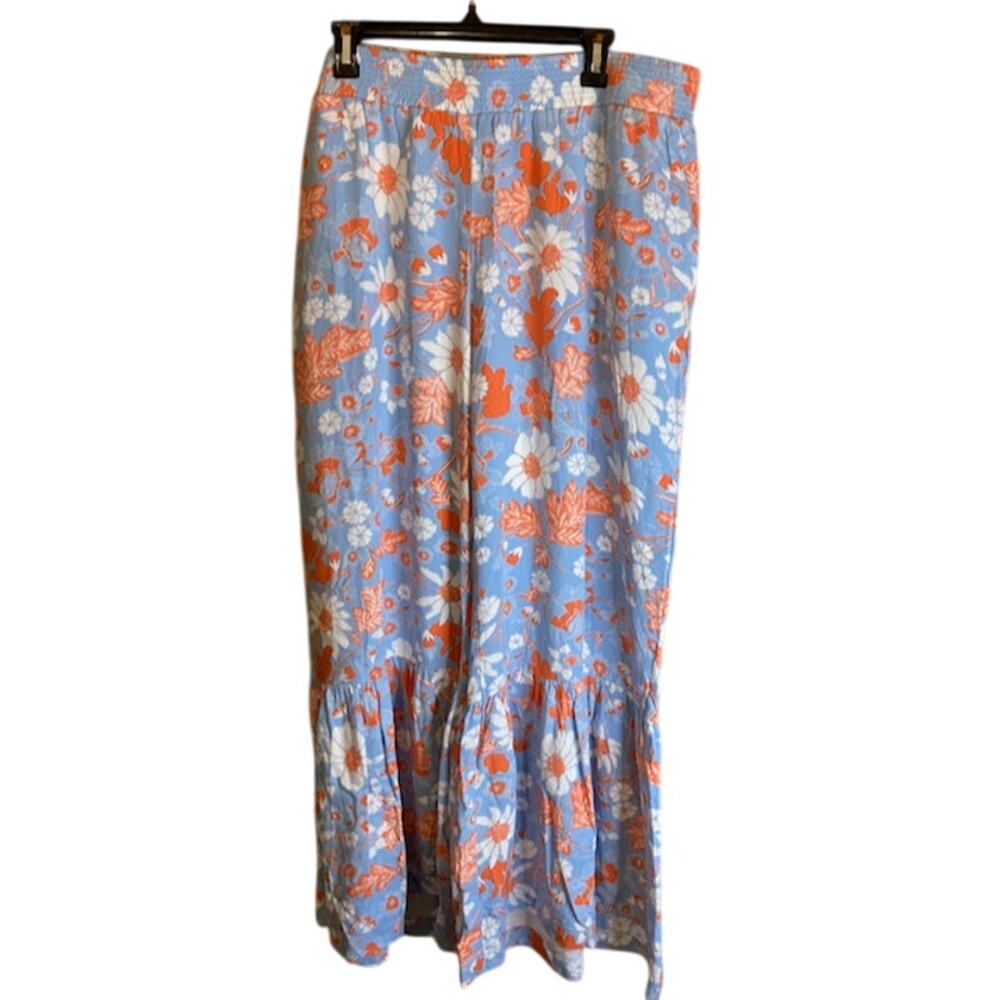 I.N.C. Wide Leg Blue Orange White Floral Pants Ruffled Hem Petite Plus 2X NWT
